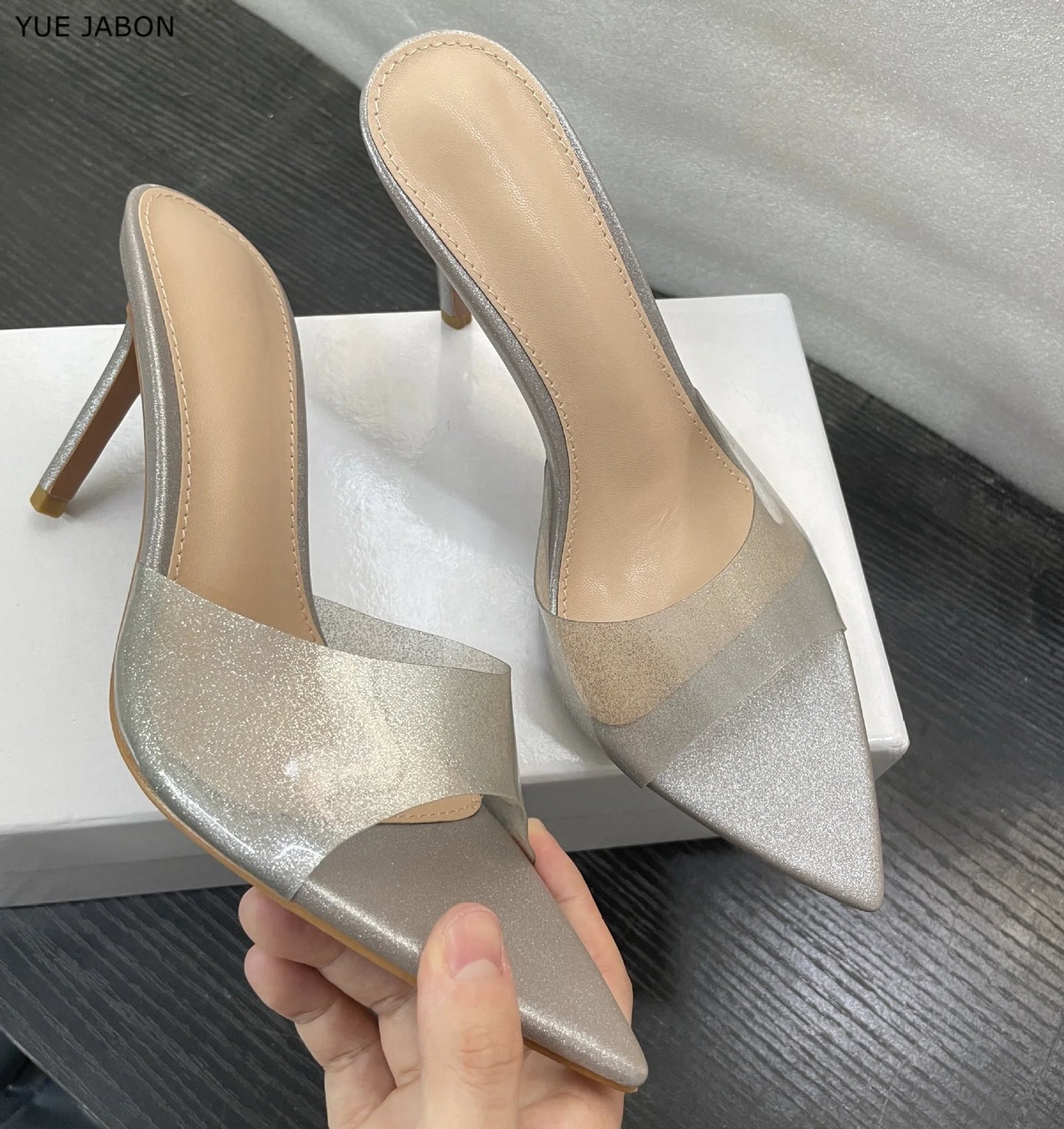 CLARO — Crystal-Clear PVC Mule Heels
